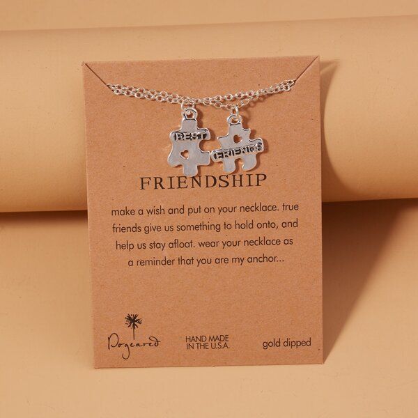 

2pcs Letter Engraved Puzzle Charm Necklace, Silver