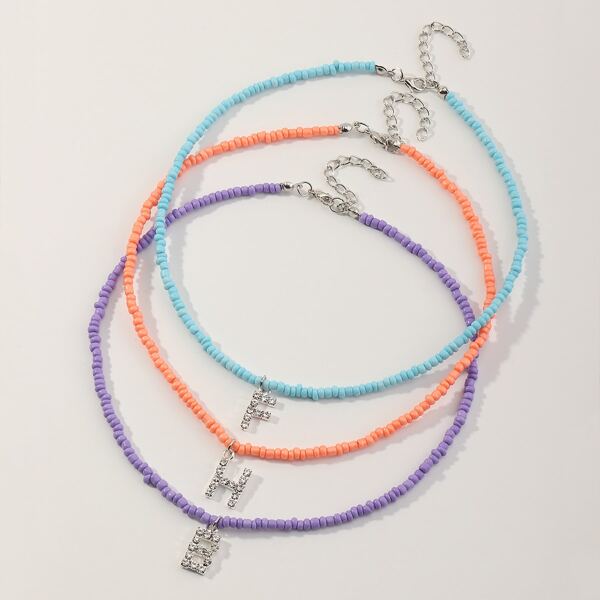 

3pcs Girls Rhinestone Letter Charm Beaded Necklace, Multicolor