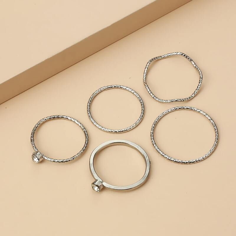 

5pcs Simple Rhinestone Decor Ring, Silver