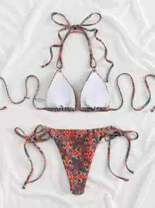 Summer Paisley Pattern Halter Bikini Set - Burgundy - View 2