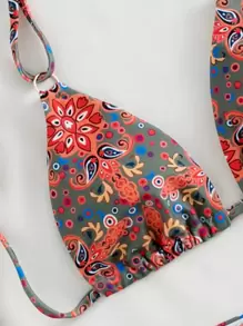 Summer Paisley Pattern Halter Bikini Set - Burgundy - View 3