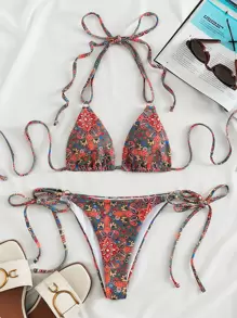 Summer Paisley Pattern Halter Bikini Set - Burgundy - View 4