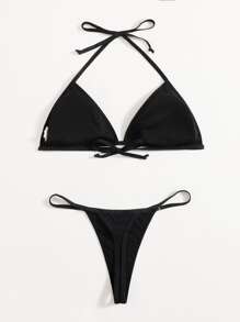 Swim Basics Summer Beach Mono Bikini Set Halter Triangle Bikini Top & G-String 2 Piece Bathing Suit - Black - View 2