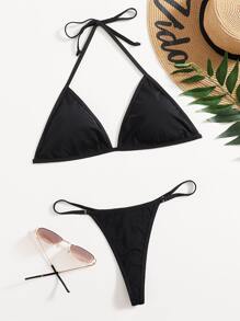 Swim Basics Summer Beach Mono Bikini Set Halter Triangle Bikini Top & G-String 2 Piece Bathing Suit - Black - View 5