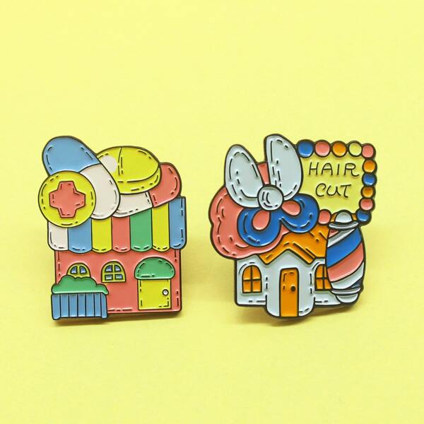

2pcs Kids Cartoon Barber Shop Design Brooch, Multicolor