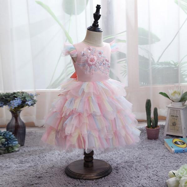 

Toddler Girls Floral Embroidery Pearl Beaded Gown Dress, Baby pink