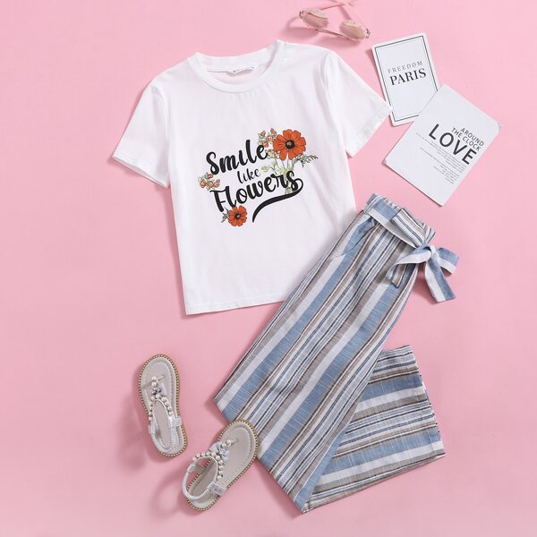 

Girls Floral & Slogan Graphic Tee And Belted Striped Pants Set, Multicolor