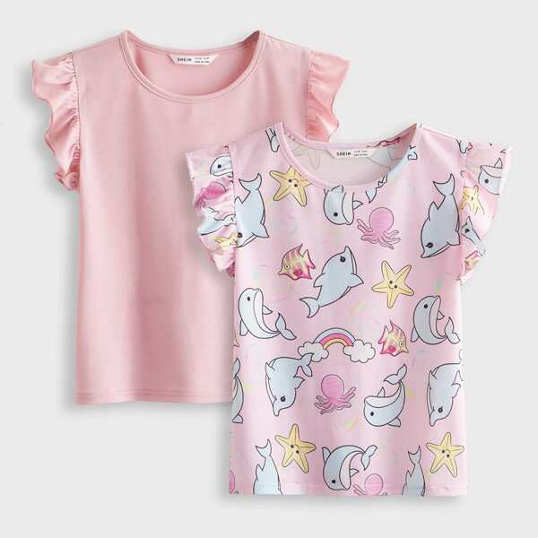 

Girls 2 Pack Cartoon Graphic Tee, Pink