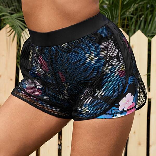 

Plus Tropical Print Fishnet Panel Sports Shorts, Multicolor