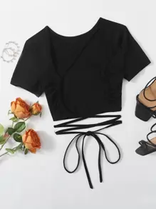 SHEIN Qutie Criss Cross Backless Crop Tee - Black - View 1