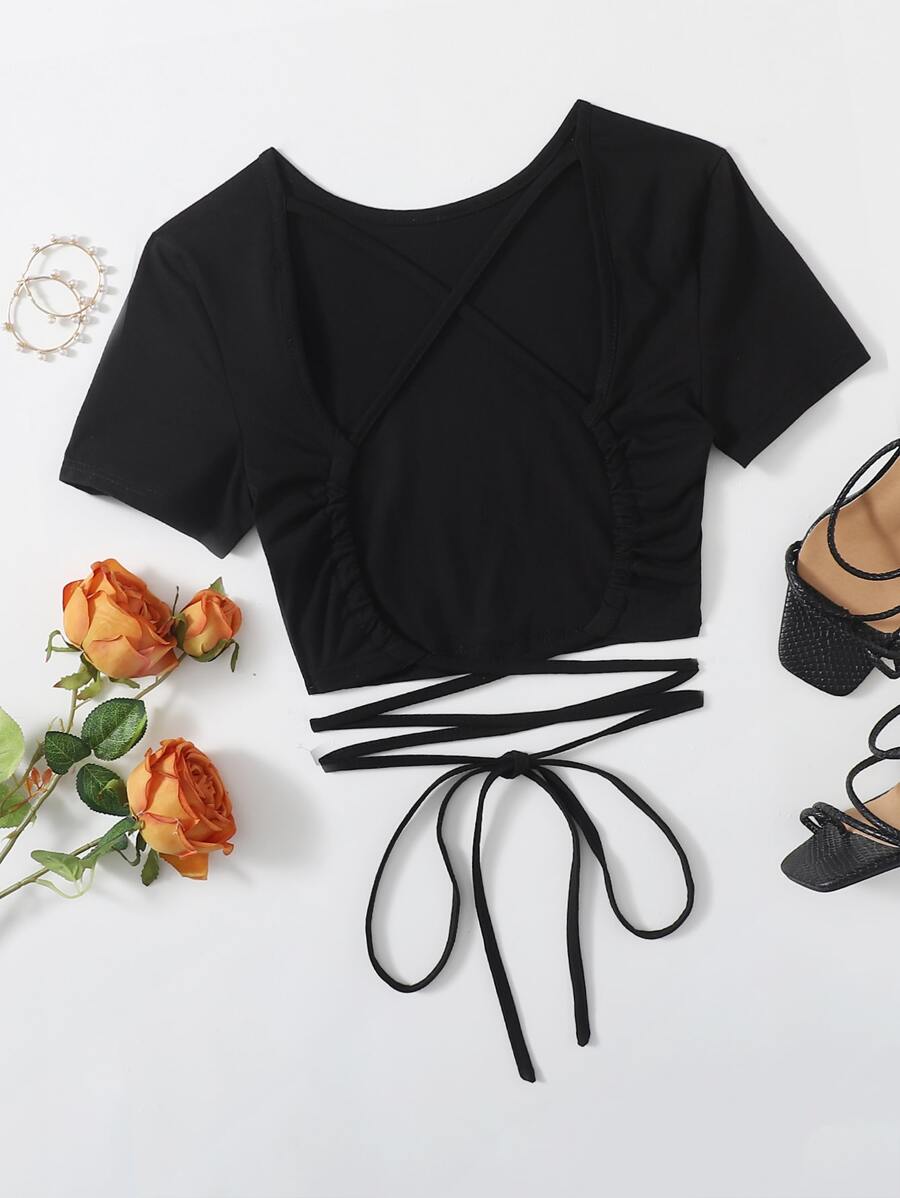 SHEIN Qutie Criss Cross Backless Crop Tee - Black - View 1