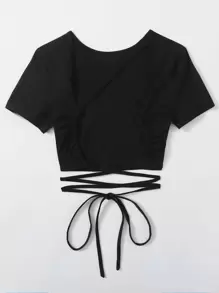 SHEIN Qutie Criss Cross Backless Crop Tee - Black - View 2