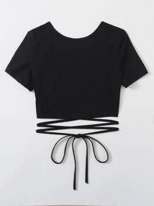 SHEIN Qutie Criss Cross Backless Crop Tee - Black - View 5