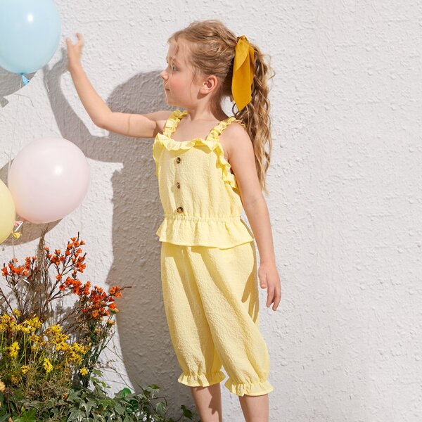 

Toddler Girls Frilled Strap Ruffle Trim Cami Jumpsuit, Yellow
