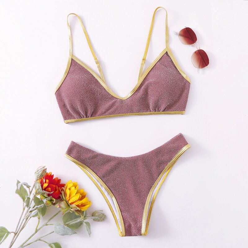 

Contrast Binding Glitter Bikini Swimsuit, Dusty pink