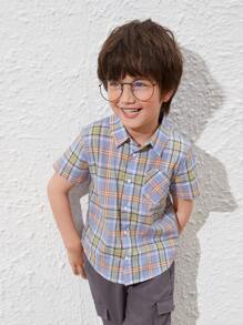 SHEIN 小男童貼布口袋格紋襯衫