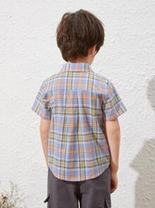 SHEIN 小男童貼布口袋格紋襯衫