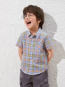 SHEIN 小男童貼布口袋格紋襯衫