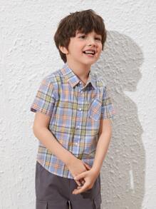 SHEIN 小男童貼布口袋格紋襯衫