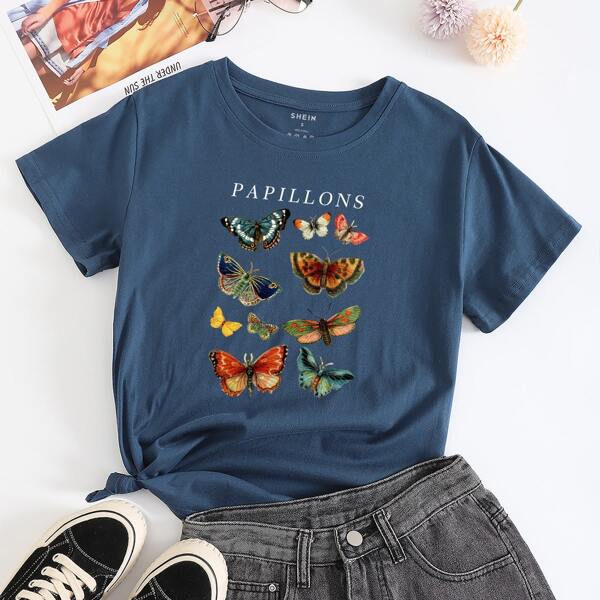 

Butterfly & Letter Graphic Tee, Navy blue