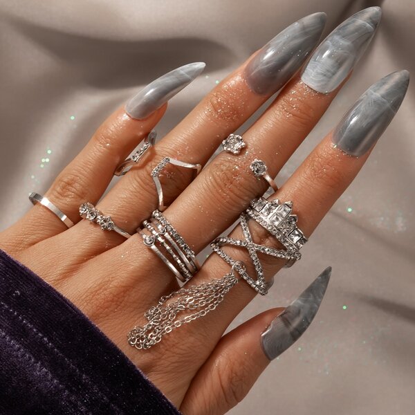 

6pcs Rhinestone Decor Ring, Silver