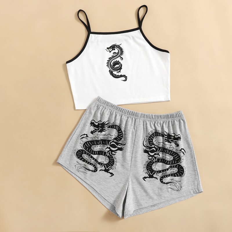 

Chinese Dragon Graphic Ringer Pajama Set, Multicolor