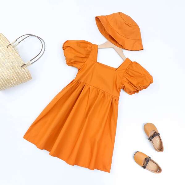 

Girls Puff Sleeve Smock Dress With Hat, Orange