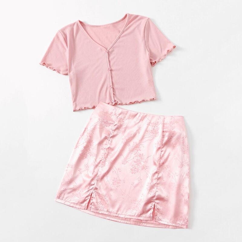 

Lettuce Trim Button Front Tee & Satin Jacquard Split Skirt, Pink