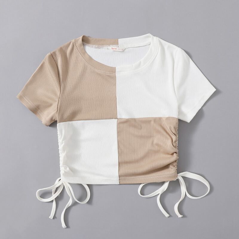 

Colorblock Ribbed Drawstring Ruched Tee, Multicolor