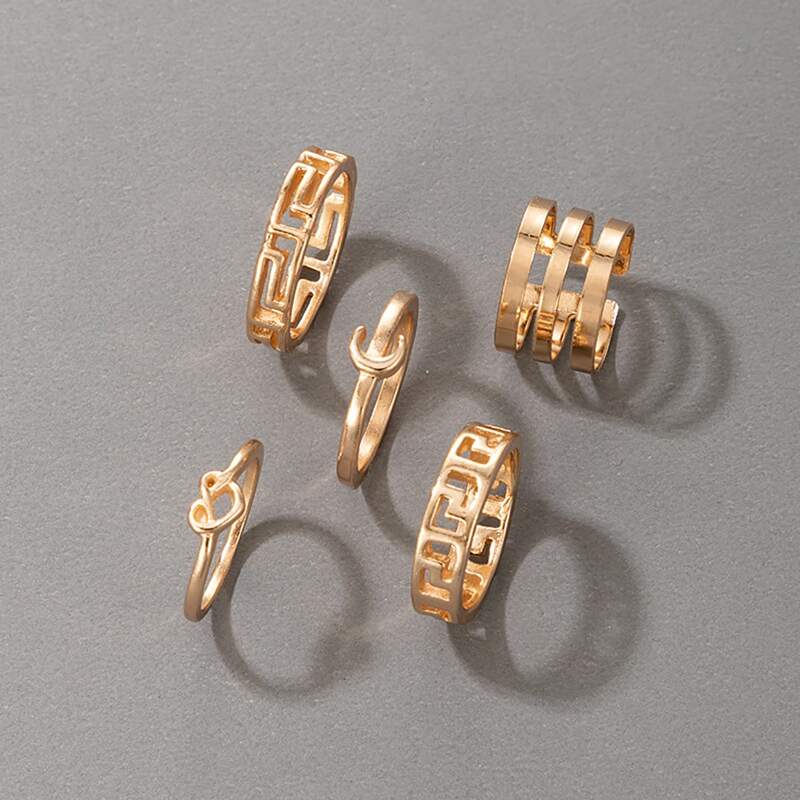

5pcs Heart & Moon Decor Ring, Gold