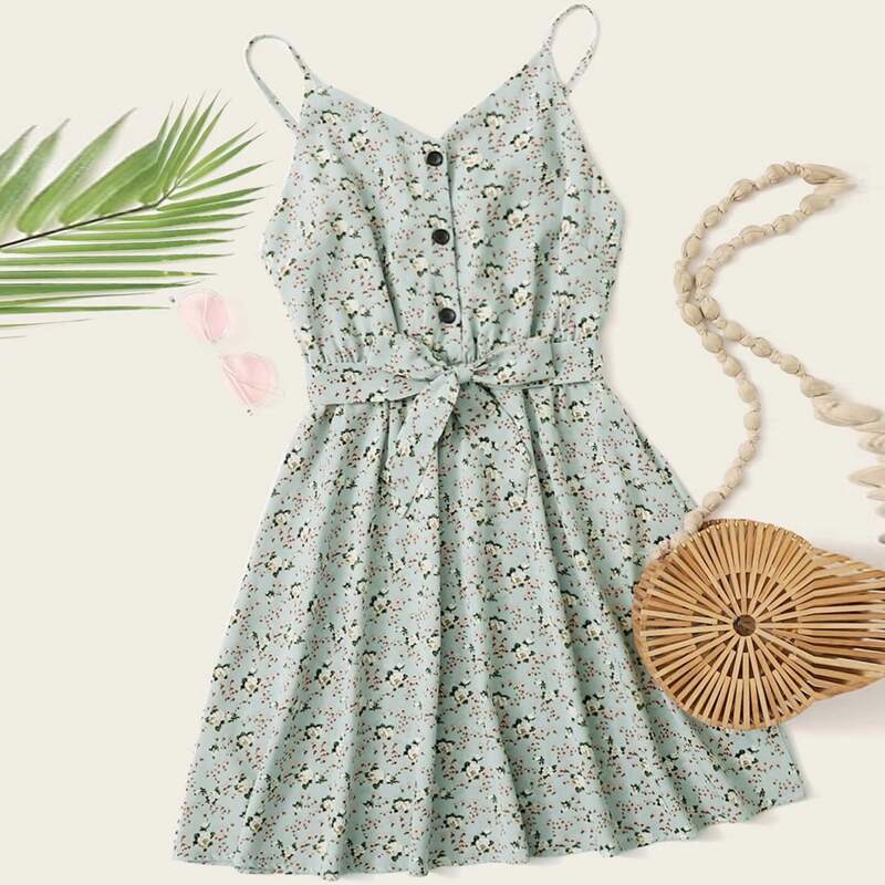 

Ditsy Floral Button Front Belted Dress, Mint green