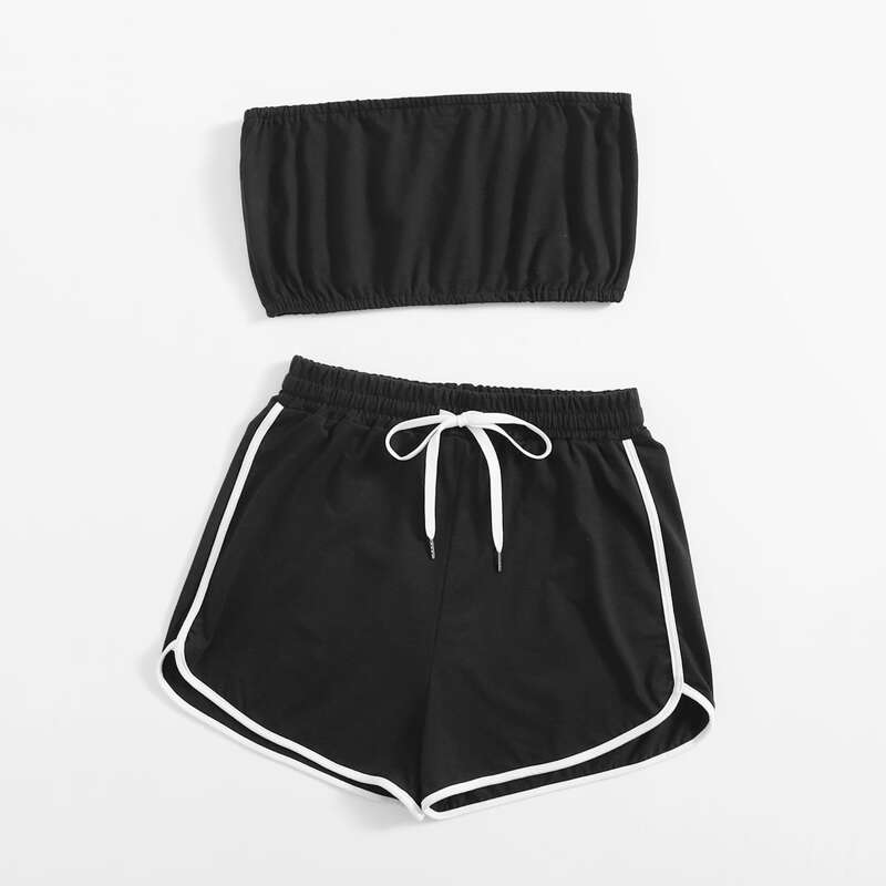 

Solid Crop Tube Top & Tie Front Dolphin Shorts, Black and white