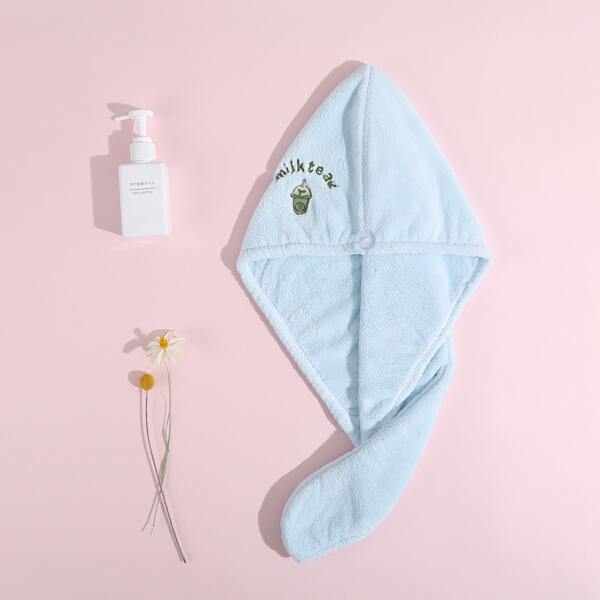 

1pc Milk Tea Embroidery Hair Drying Cap, Blue