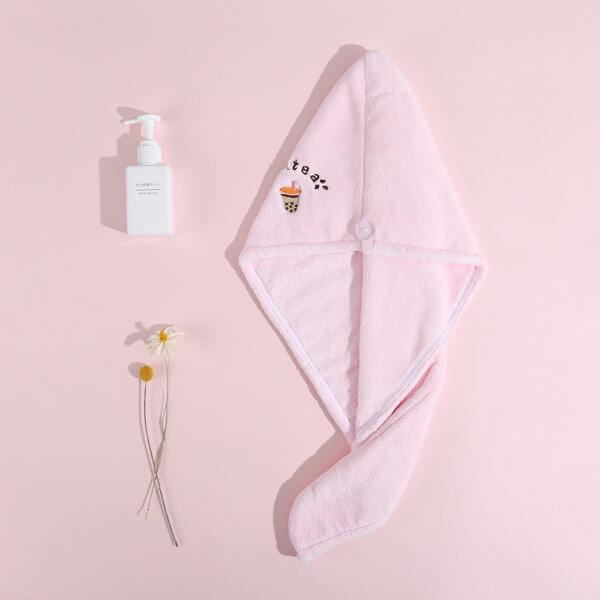 

1pc Milk Tea Embroidery Hair Drying Cap, Pink