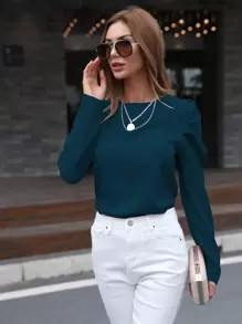 SHEIN Clasi Tie Back Gigot Sleeve Top - Teal Blue - View 4