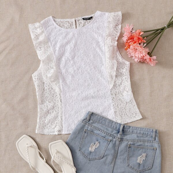 

Plus Lace Ruffle Trim Top, White