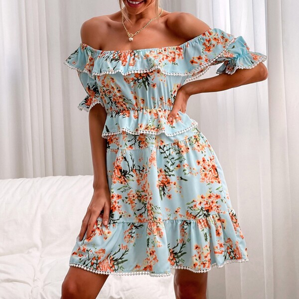 

Floral Print Flounce Hem Bardot Dress, Multicolor