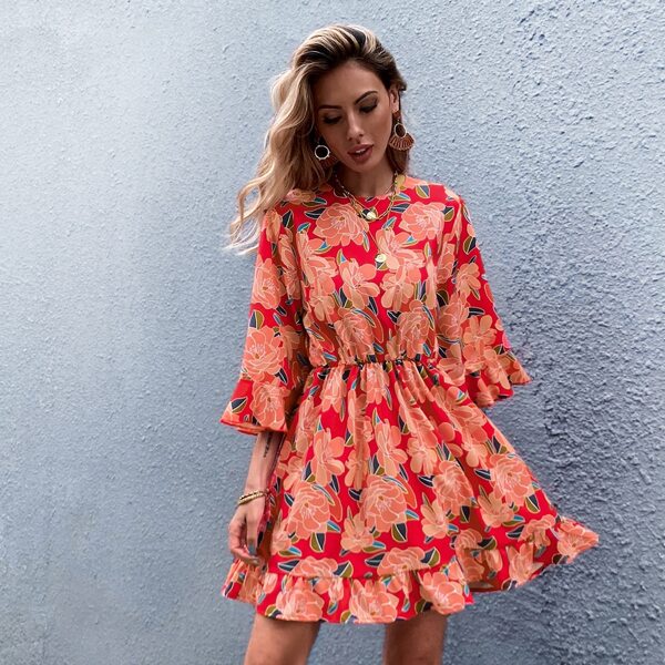 

Floral Ruffle Hem Keyhole Back Dress, Multicolor
