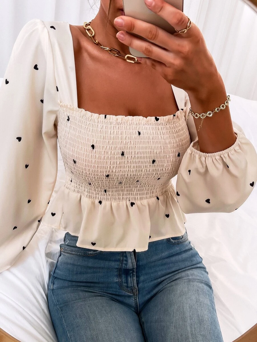 SHEIN Privé Heart Print Shirred Babydoll Blouse - Beige - View 1