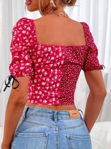 拼接印花短版襯衫 - 紅色 - 查看 2