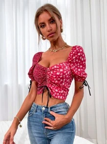 拼接印花短版襯衫 - 紅色 - 查看 3