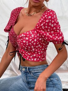 拼接印花短版襯衫 - 紅色 - 查看 5