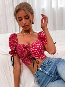 拼接印花短版襯衫 - 紅色 - 查看 7