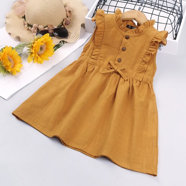 

Toddler Girls Ruffle Trim Half Button Dress, Mustard yellow