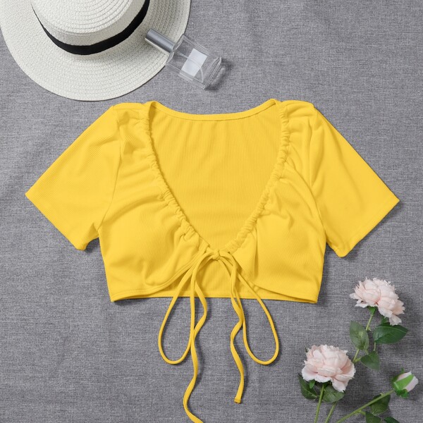 

Rib Tie Front Bikini Top, Yellow