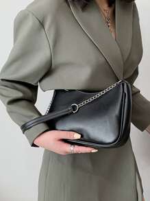 Bolso de hombro con cadena minimalista - Negro - Ver 4