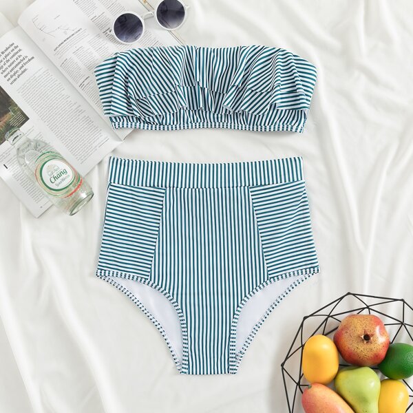 

Striped Flounce Bandeau Bikini Swimsuit, Green