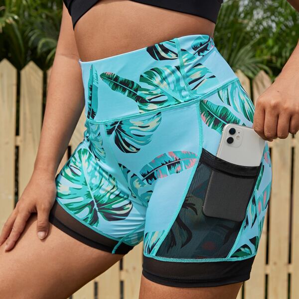 

Plus Tropical Sports Shorts With Phone Pocket, Mint blue