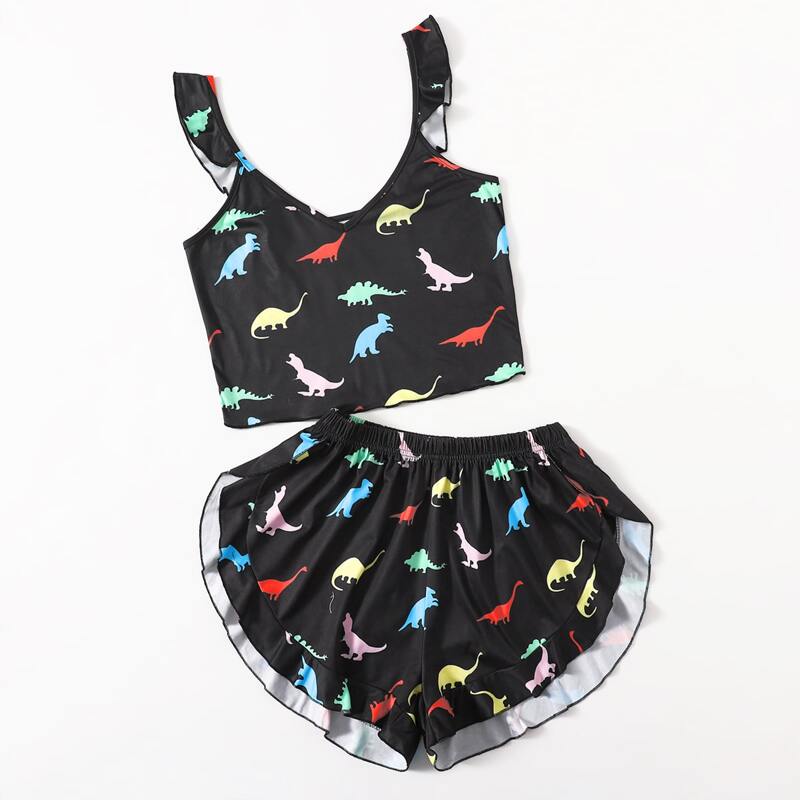 

Cartoon Dinosaur Ruffle Pajama Set, Black