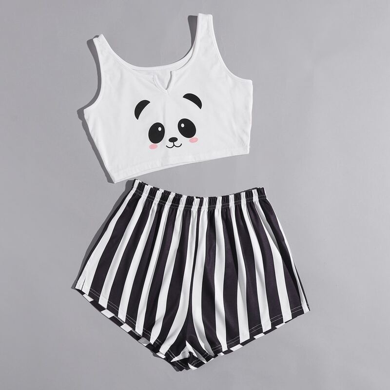 

Cartoon Striped Pajama Set, Black and white